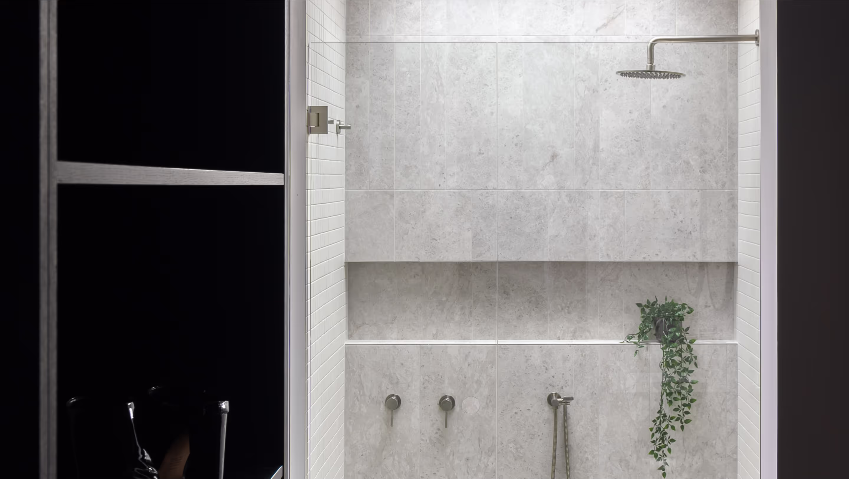 Wall-to-wall shelf in modern bathroom by Yarraville builder
